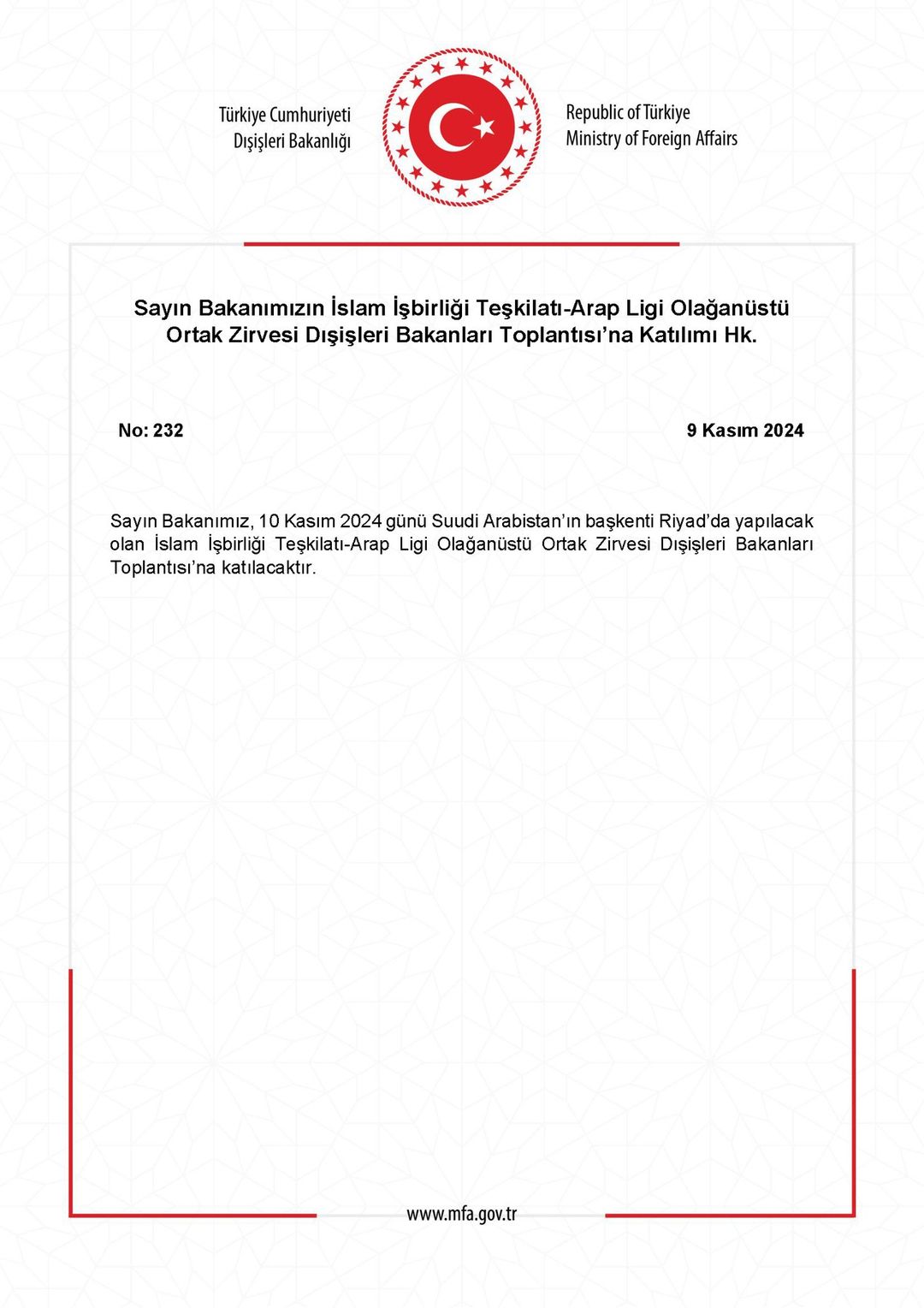 Türkiye Dışişleri Bakanı, Olağanüstü Ortak Zirve'ye Katıldı