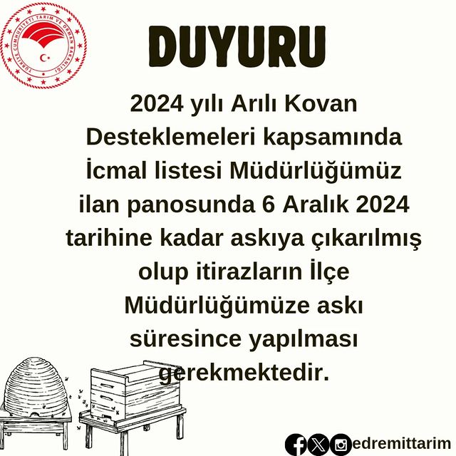 Edremit İlçe Tarım ve Orman Müdürlüğü'nden Arılı Kovan Desteklemeleri Açıklaması