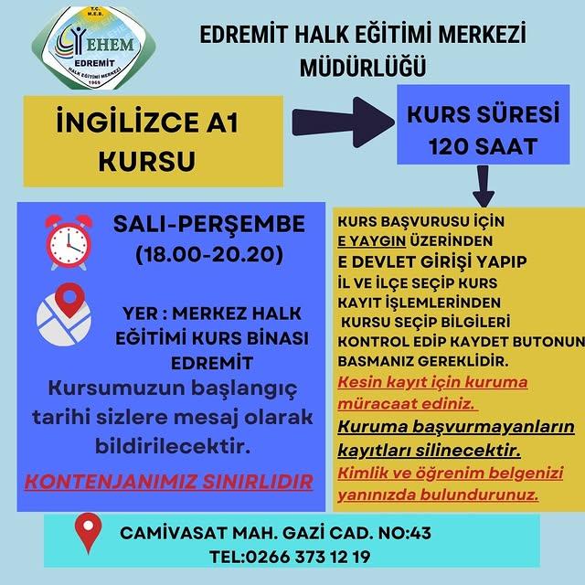 Edremit Halk Eğitimi Merkezi'nden Yeni İngilizce Kursu!