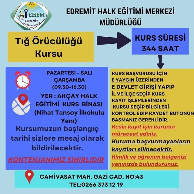 Edremit Halk Eğitimi Merkezi'nden yeni bir kurs imkanı