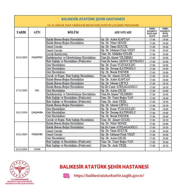 Balıkesir Atatürk Şehir Hastanesi, Mesai Dışı Doktor Çalışma Programını Duyurdu