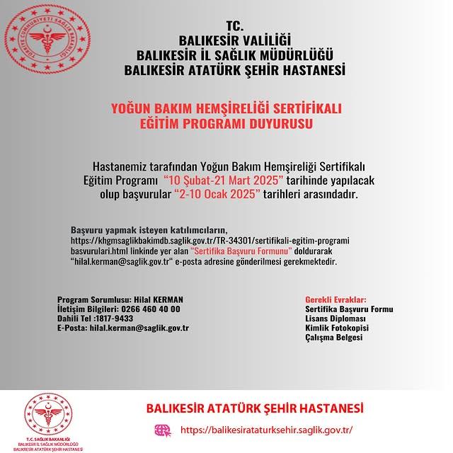 Balıkesir Atatürk Şehir Hastanesi Yoğun Bakım Hemşireliği Sertifikalı Eğitim Programı