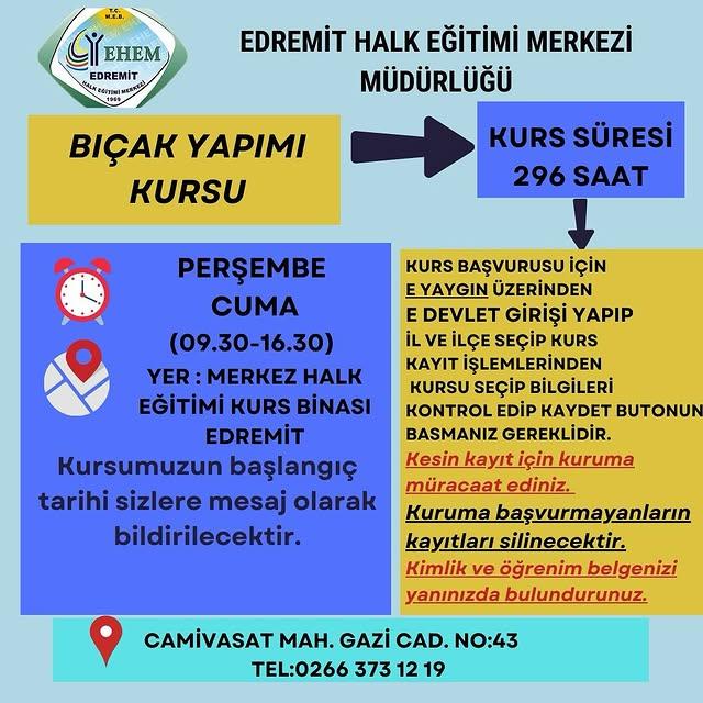 Bıçak Yapımı Kursu Edremit Halk Eğitimi Merkezi'nde Başlıyor