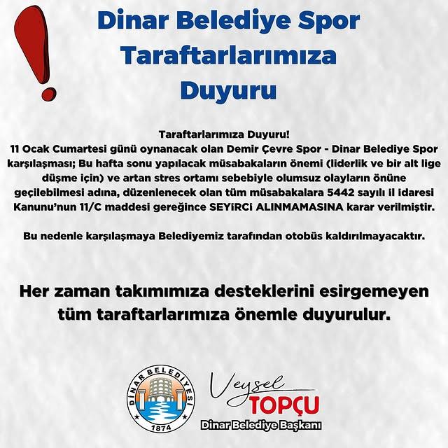 Dinar Belediye Spor’un önemli maçı için seyirci alınmayacak