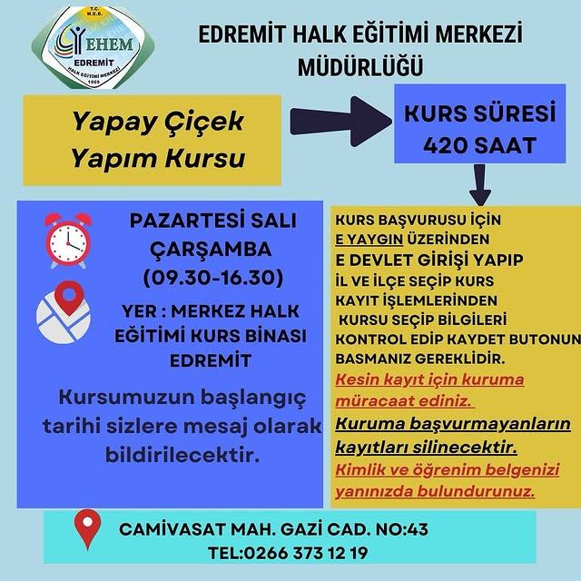 Edremit Halk Eğitimi Merkezi, yeni kurslar açıyor