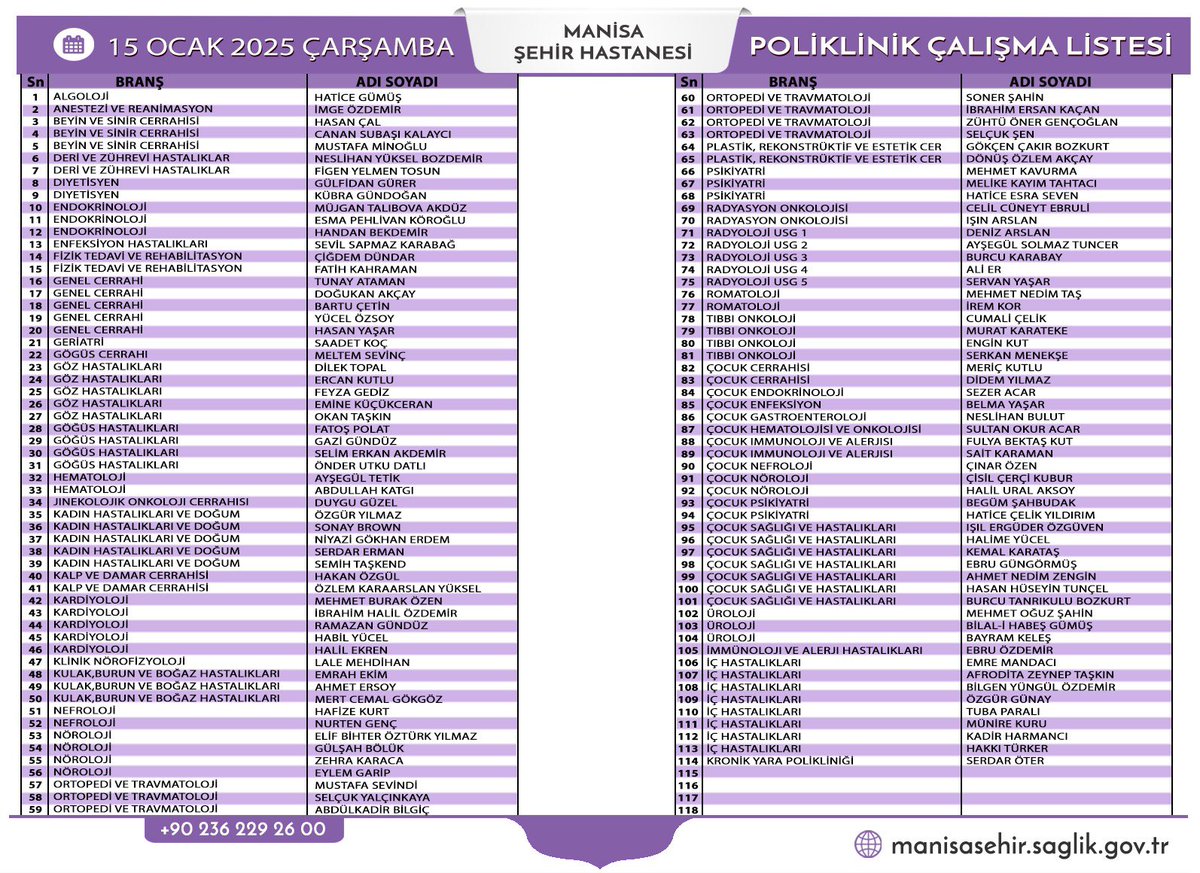 Manisa Şehir Hastanesi Poliklinik Listesi Duyurusu