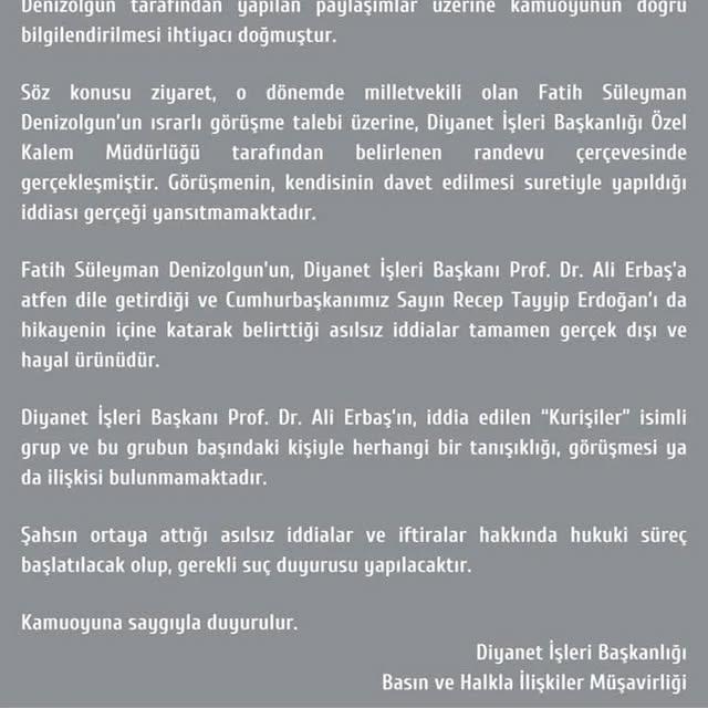 Diyanet İşleri Başkanlığı Fatih Süleyman Denizolgun'un İftiraları Hakkında Açıklama Yayınladı