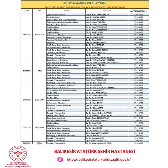 Balıkesir Atatürk Şehir Hastanesi Haftalık Mesai Dışı Doktor Çalışma Programı Güncellendi