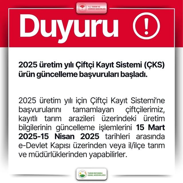 Çiftçi Kayıt Sistemi'ne Ürün Bilgisi Güncelleme Başvuruları Başladı