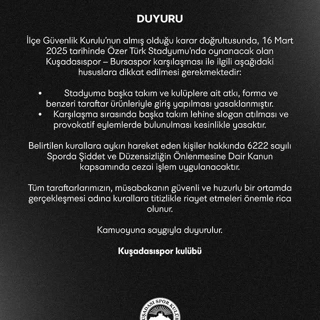 Kuşadası Spor Kulübü Tesislerine Seyirci Girişi Yasaklandı