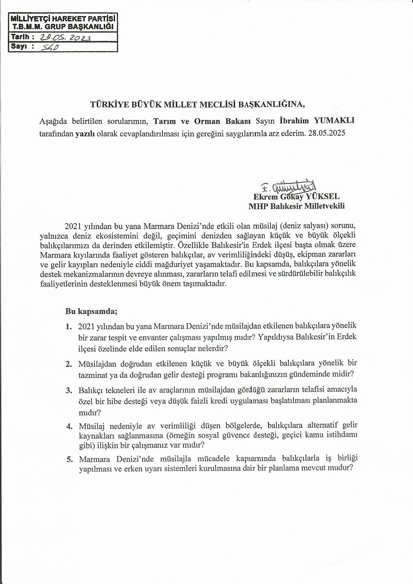 MHP Milletvekili Yüksel, Marmara Denizi'ndeki Müsilaj Sorununu Meclis'e Taşıdı